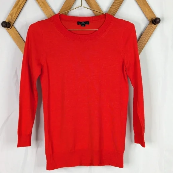 J. Crew Red Merino Wool Crew Neck 3/4 Sleeve Sweater - Picture 2 of 8